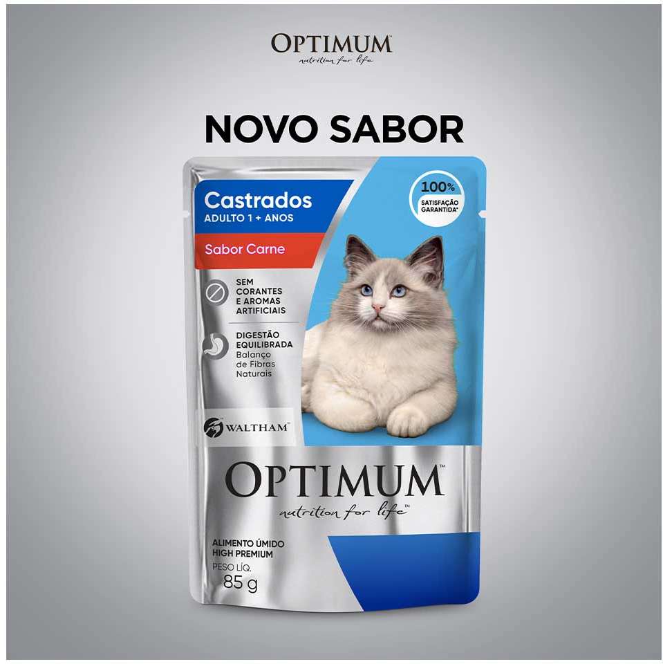 Ração Úmida Optimum Sachê para Gatos Adultos Castrados Sabor Carne - 85 g - 60 Unidades