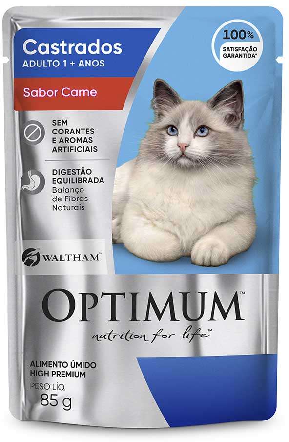 Ração Úmida Optimum Sachê para Gatos Adultos Castrados Sabor Carne - 85 g - 60 Unidades