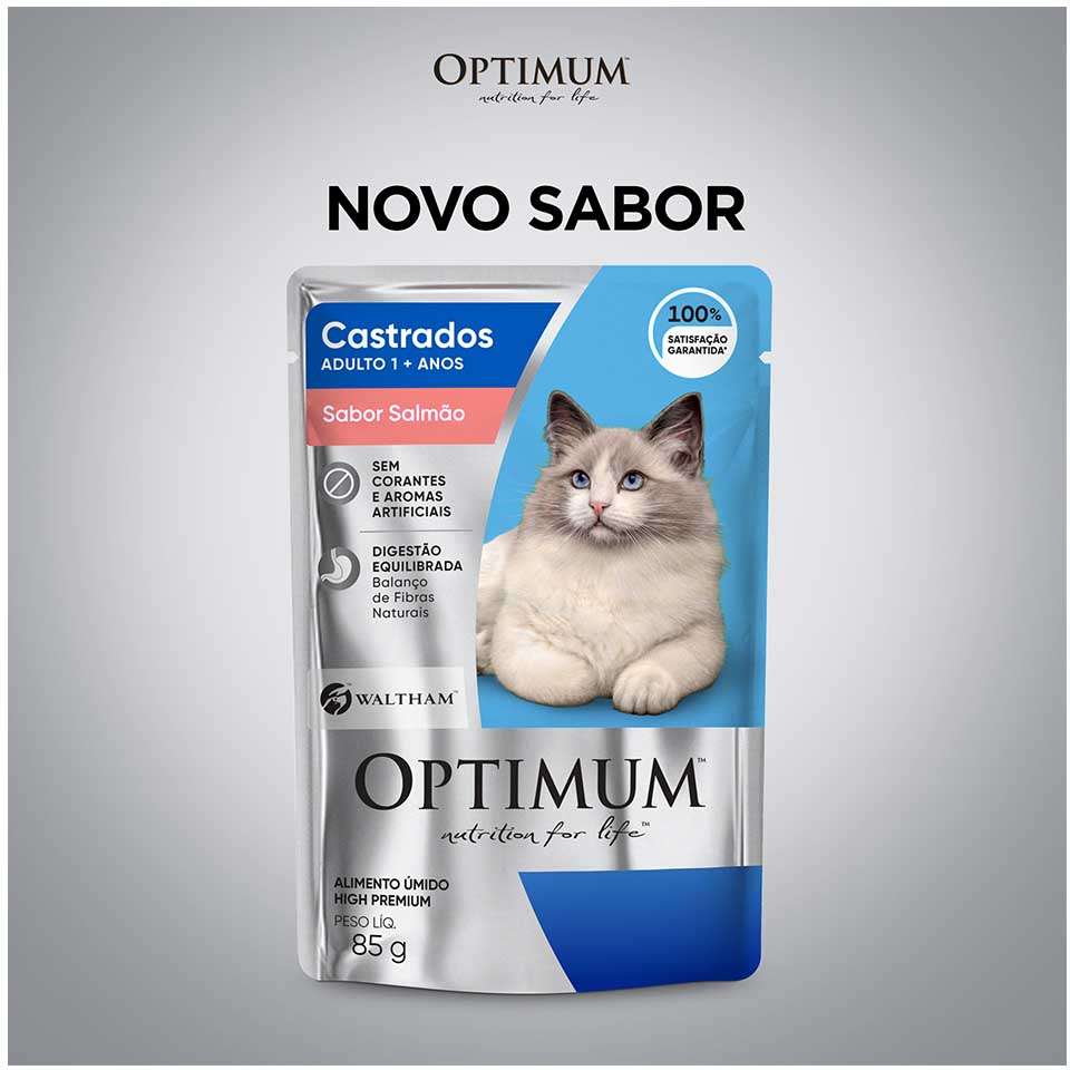 Ração Úmida Optimum Sachê para Gatos Adultos Castrados Sabor Salmão - 85 g - 60 Unidades