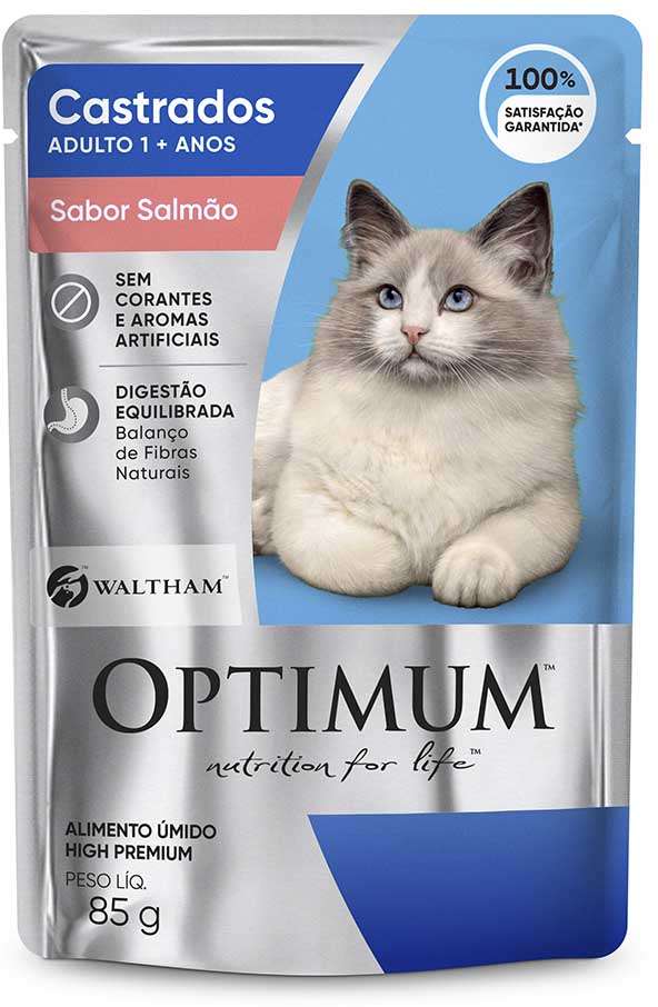Ração Úmida Optimum Sachê para Gatos Adultos Castrados Sabor Salmão - 85 g - 60 Unidades