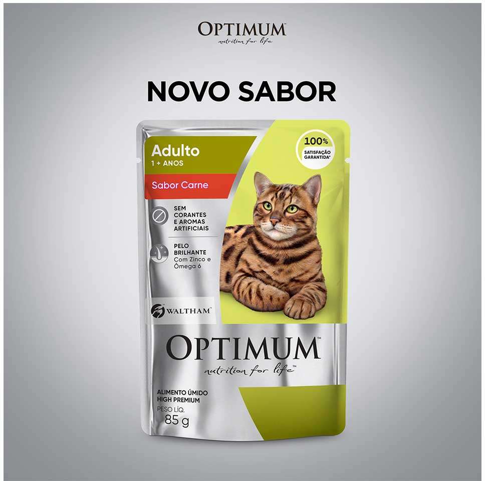 Ração Úmida Optimum Sachê para Gatos Adultos Sabor Carne - 85 g - 60 Unidades