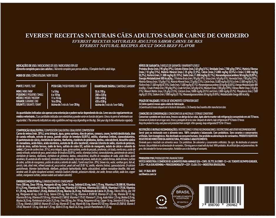 Alimento Natural Everest Receitas Naturais Carne de Cordeiro para Cães - 1050 g