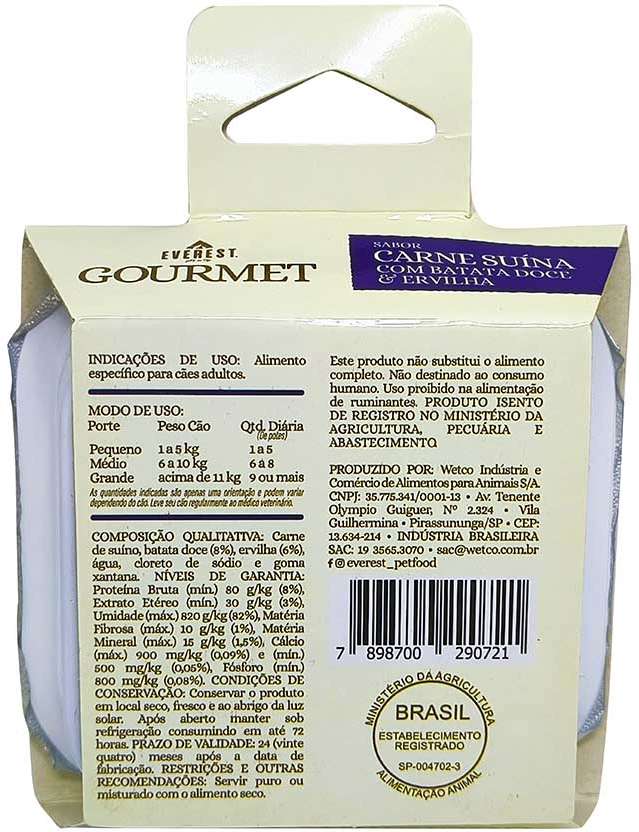 Ração Úmida Everest Gourmet Carne Suína com Batata Doce e Ervilha para Cães - 90 g