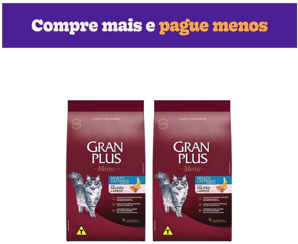 Ração GranPlus Menu Salmão e Arroz para Gatos Castrados Adultos - 2 Pacotes de 10,1Kg