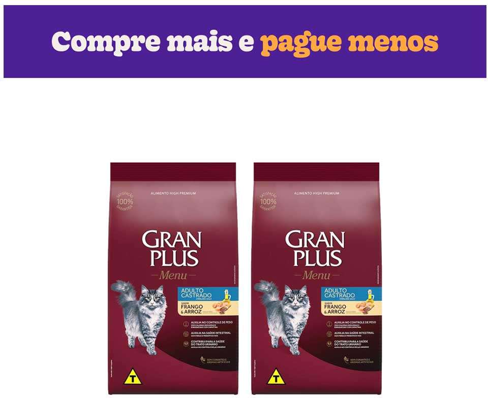 Ração GranPlus Frango e Arroz para Gatos Castrados Adultos - 2 Pacotes de 10,1Kg