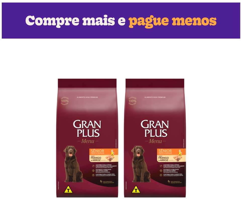 Ração GranPlus Menu Sênior Frango e Arroz para Cães Idosos Raças Médias e Grandes - 2 Pacotes de 15Kg