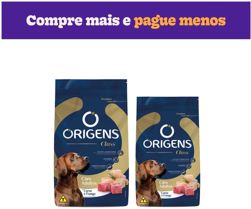Ração Seca Origens Class Carne e Frango para Cães Adultos - 1 Pacote de 15Kg + 1 Pacote de 20Kg