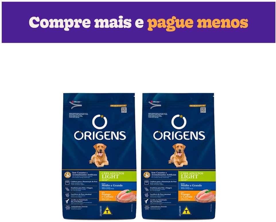 Ração Seca Origens Ligth Frango e Cereais para Cães de Porte Médio e Grande - 2 Pacotes de 15Kg