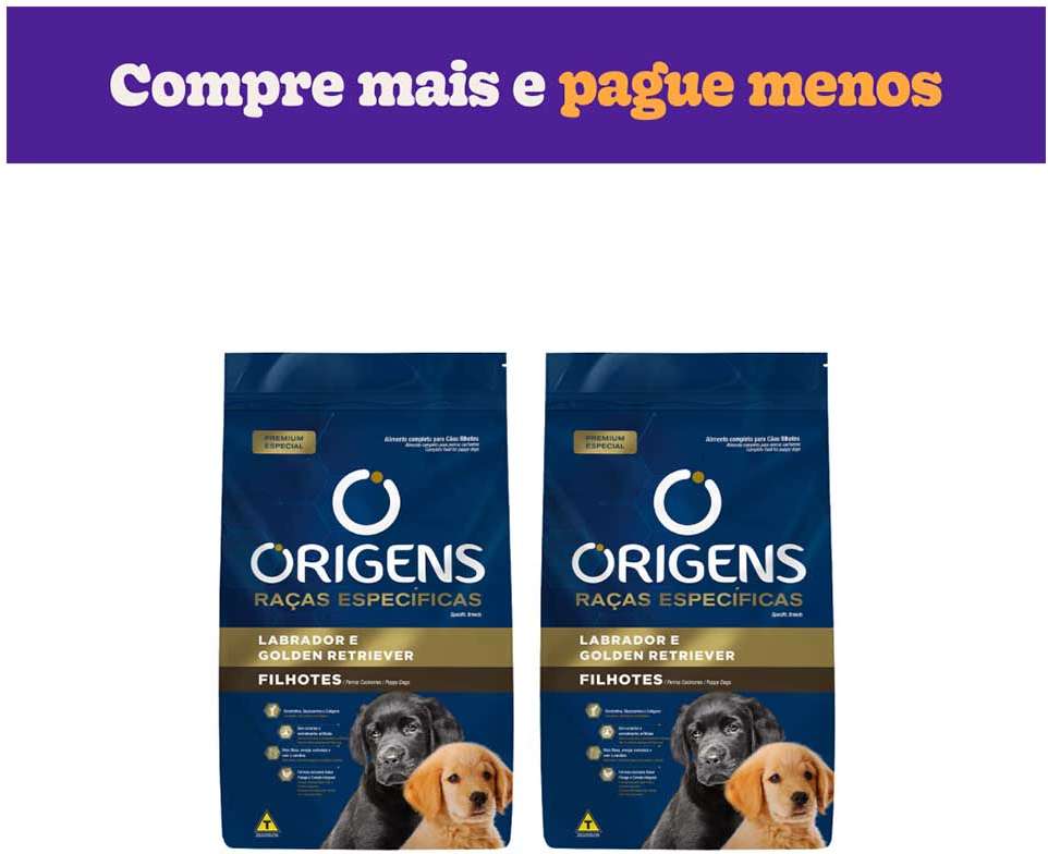 Ração Seca Origens Raças Específicas para Cães Filhotes das Raças Labrador e Golden Retriever - 2 Pacotes de 15Kg