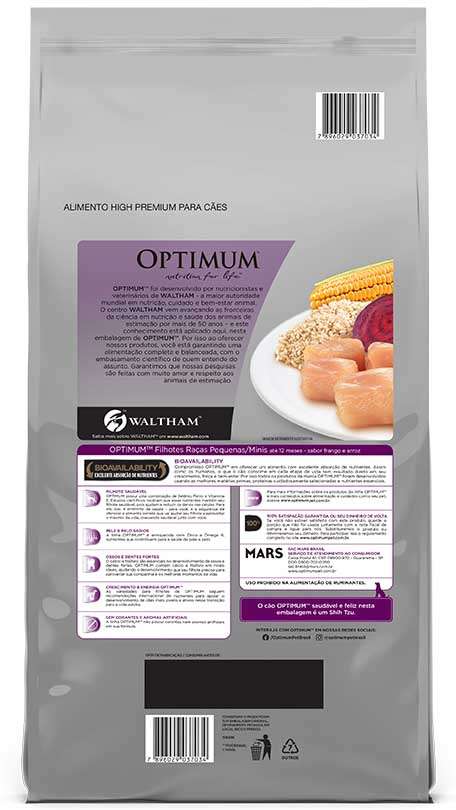Ração Optimum Frango e Arroz para Cães Filhotes até 18 meses Raças Pequenas e Minis - 3Kg