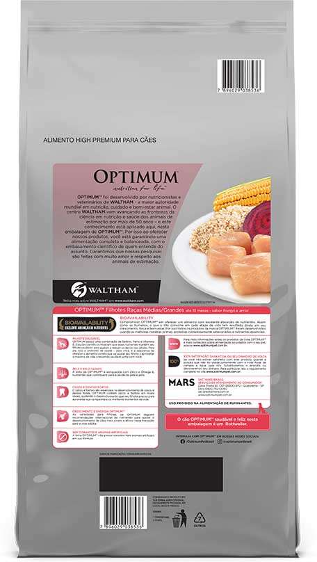 Ração Optimum Frango e Arroz para Cães Filhotes Raças Médias e Grandes até 18 meses - 3Kg