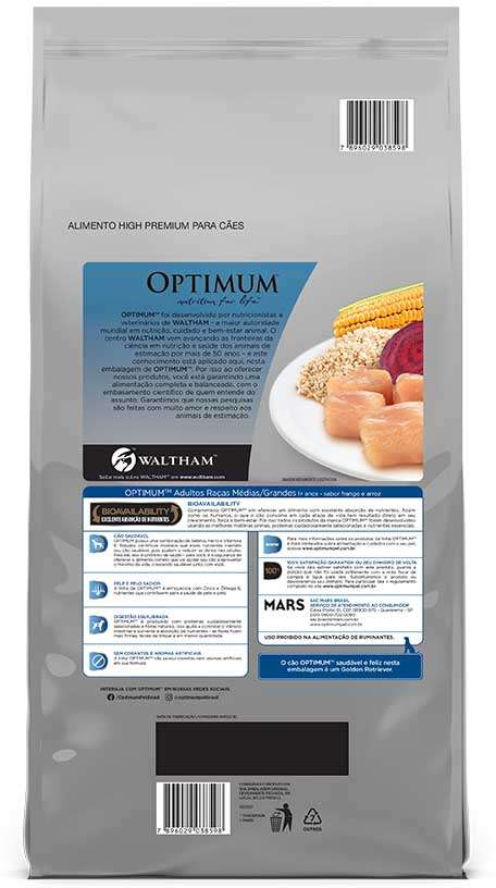 Ração Seca Optimum Frango e Arroz para Cães Adultos Raças Médias e Grandes - 3Kg
