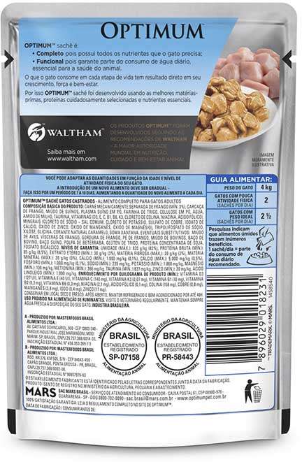 Ração Úmida Optimum Sachê para Gatos Adultos Castrados Frango - 85 g - 60 Unidades