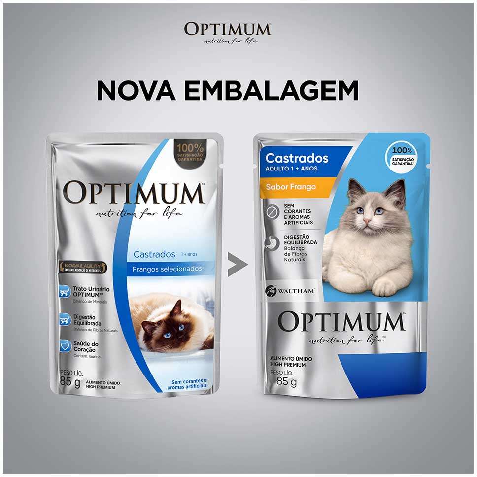 Ração Úmida Optimum Sachê para Gatos Adultos Castrados Frango - 85 g - 60 Unidades