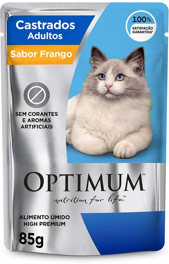 Ração Úmida Optimum Sachê para Gatos Adultos Castrados Frango - 85 g - 60 Unidades