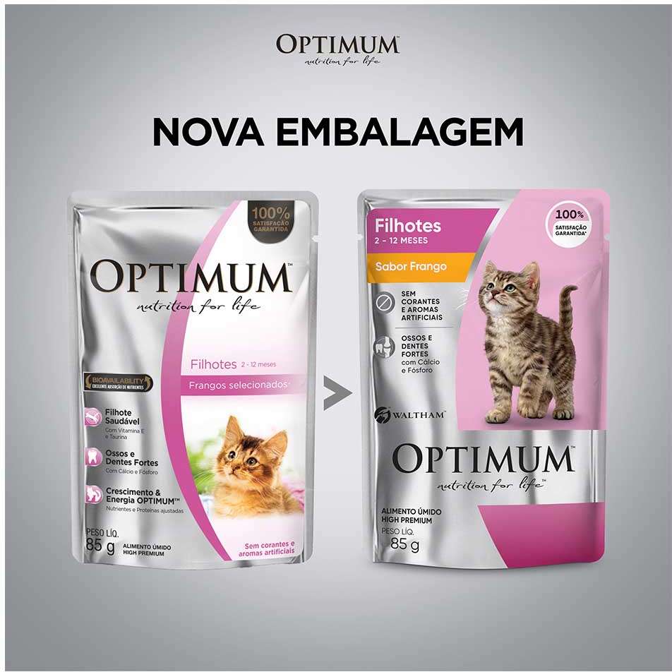 Ração Úmida Optimum Sachê para Gatos Filhotes Frango - 85 g - 60 Unidades