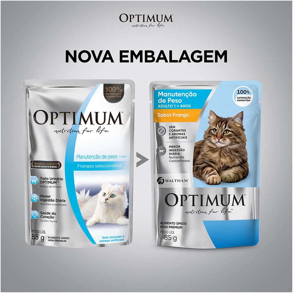 Ração Úmida Optimum Sachê para Gatos Adultos Manutenção de Peso Frango - 85 g - 60 Unidades