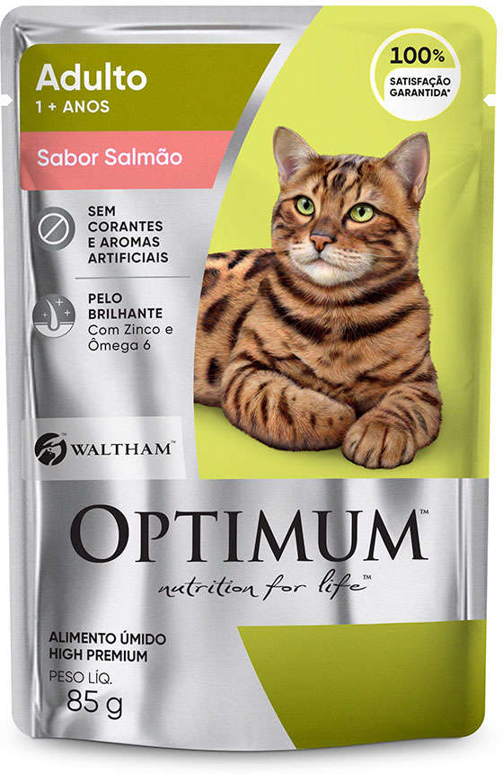Ração Úmida Optimum Sachê para Gatos Adultos Sabor Salmão - 85 g - 60 Unidades