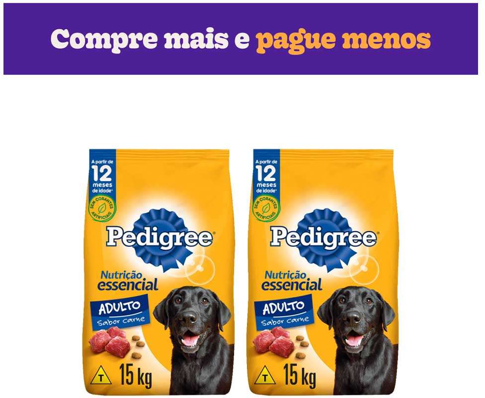Ração Seca Pedigree Nutrição Essencial Carne para Cães Adultos Raças Médias e Grandes - 30Kg