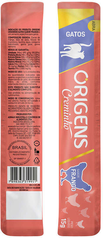 Petisco Cremoso Origens Creminho Frango para Gatos - 1 Pacote (4 Unidades)