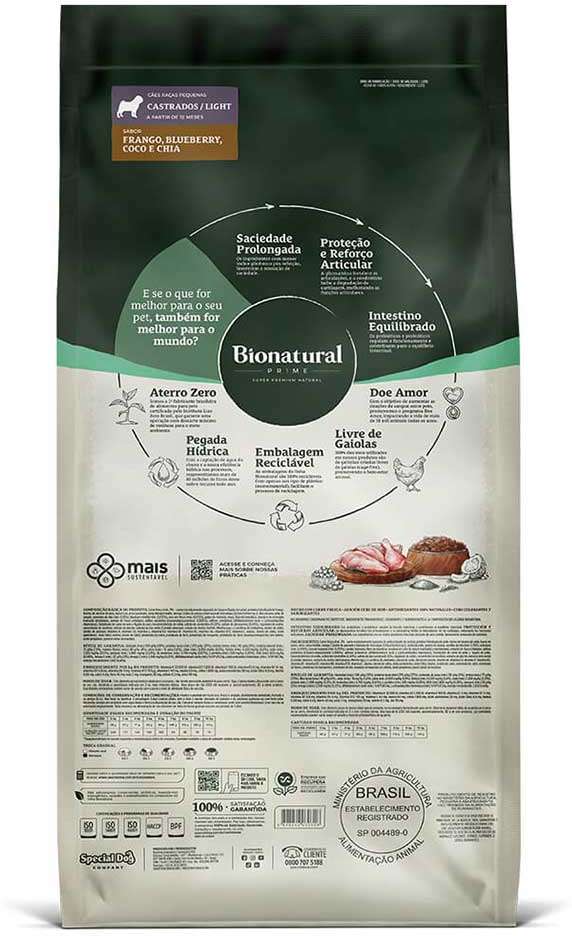 Ração Seca Bionatural Prime Light Frango para Cães Castrados Porte Pequeno - 10,1Kg