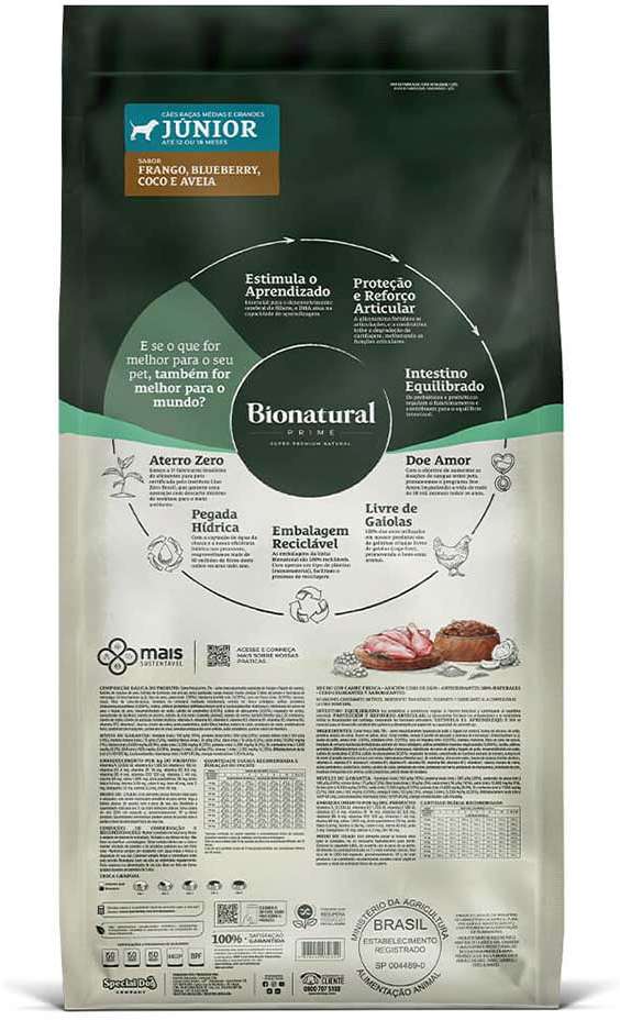 Ração Seca Bionatural Prime Júnior Frango para Cães Filhotes Porte Médio e Grande - 15Kg