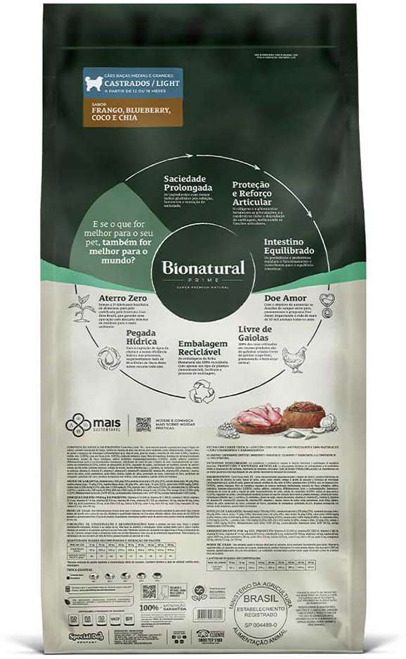 Ração Seca Bionatural Prime Light Frango para Cães Castrados Porte Médio e Grande - 15Kg