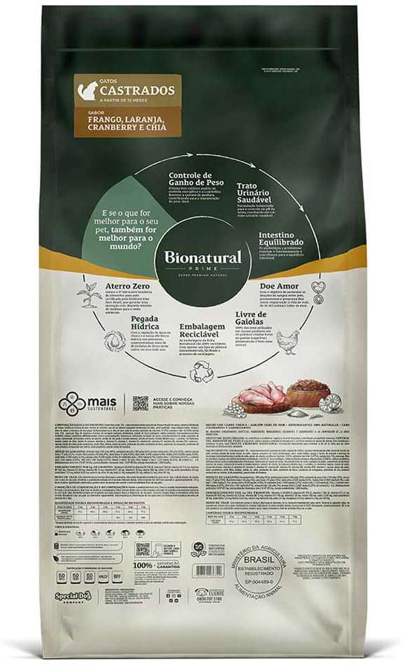 Ração Seca Bionatural Prime Frango para Gatos Castrados - 20Kg