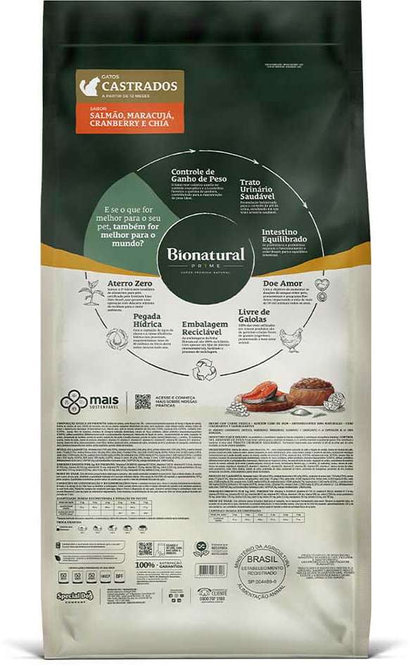 Ração Seca Bionatural Prime Salmão para Gatos Castrados - 7,5Kg