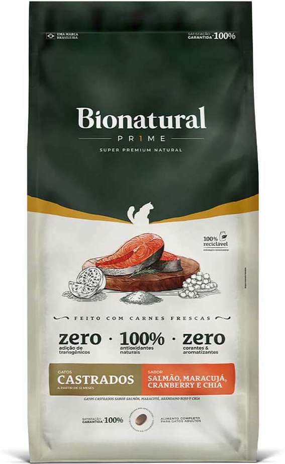 Ração Seca Bionatural Prime Salmão para Gatos Castrados - 7,5Kg