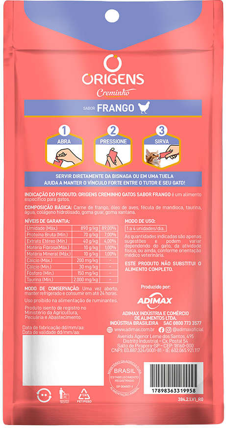 Petisco Cremoso Origens Creminho Frango para Gatos - 1 Pacote (4 Unidades)