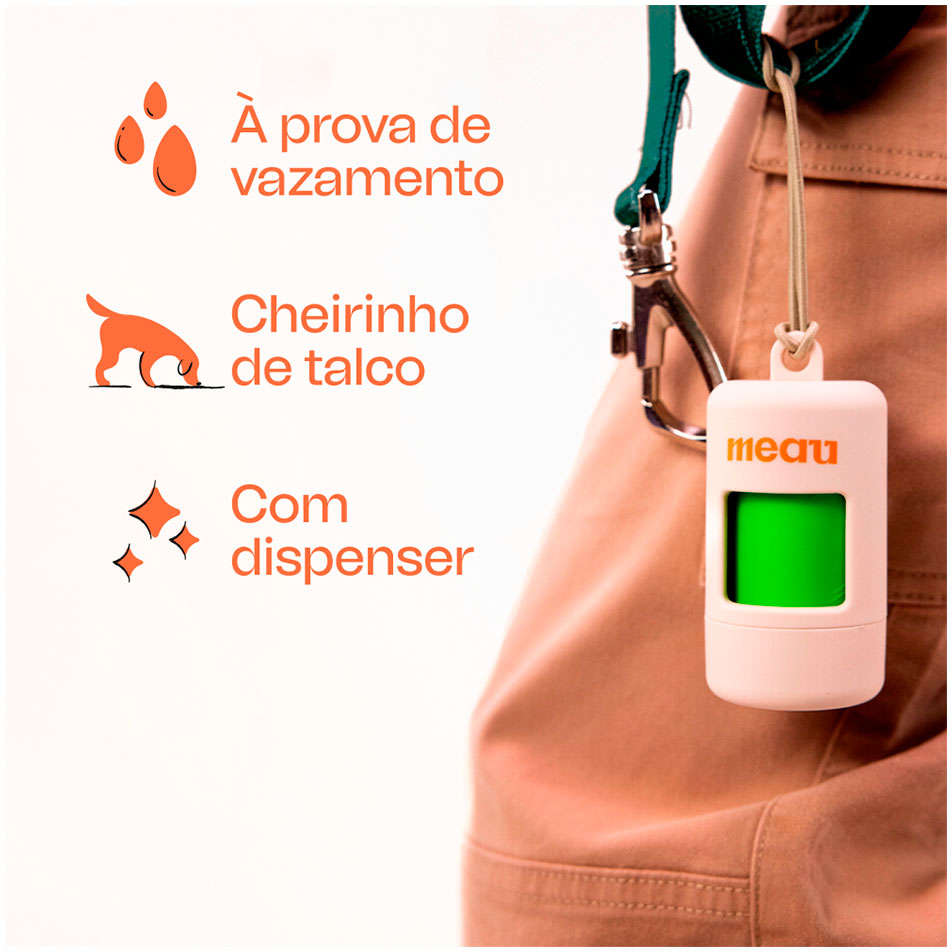 Kit Cata-Caca Meau Dispenser com Saquinhos Higiênicos Biodegradáveis- 2 Rolos