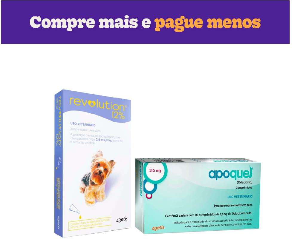 Kit Zoetis Antipulgas e Carrapatos Revolution 12% e Apoquel Dermatológico 3,6 mg para Cães de 2,6 a 5Kg - KIT