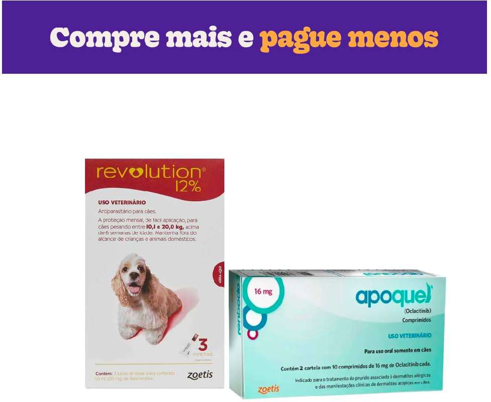 Kit Zoetis Antipulgas e Carrapatos Revolution 12% e Apoquel Dermatológico 16 mg para Cães de 10 a 20Kg - KIT