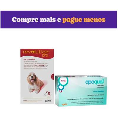 Kit Zoetis Antipulgas e Carrapatos Revolution 12% e Apoquel Dermatológico 16 mg para Cães de 10 a 20 Kg - KIT