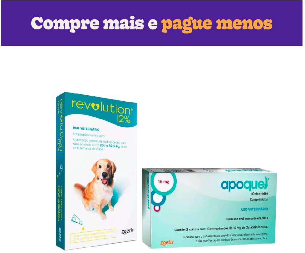 Kit Zoetis Antipulgas e Carrapatos Revolution 12% e Apoquel Dermatológico 16 mg para Cães de 20 a 40Kg - KIT