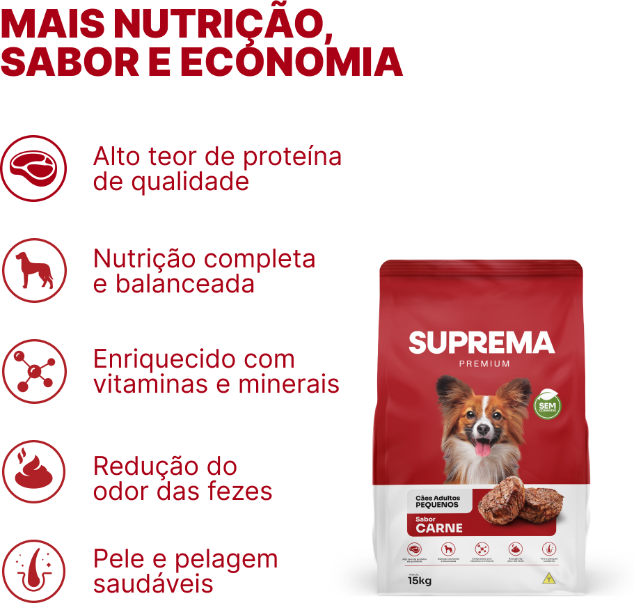 Ração Suprema Sabor Carne para Cães Adultos de Raças Pequenas - 15Kg