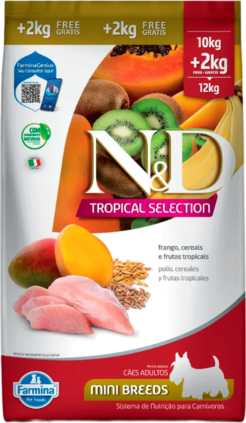 Ração Seca N&D Tropical Selection Frango, Cereais e Frutas Tropicais para Cães Adultos de Raças Mini - 10 + 2Kg