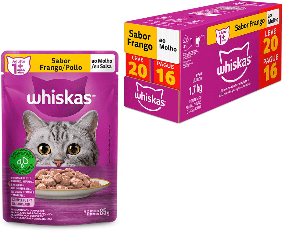 Ração Úmida Whiskas Sachê Frango ao Molho para Gatos Adultos - Leve 20 Pague 16