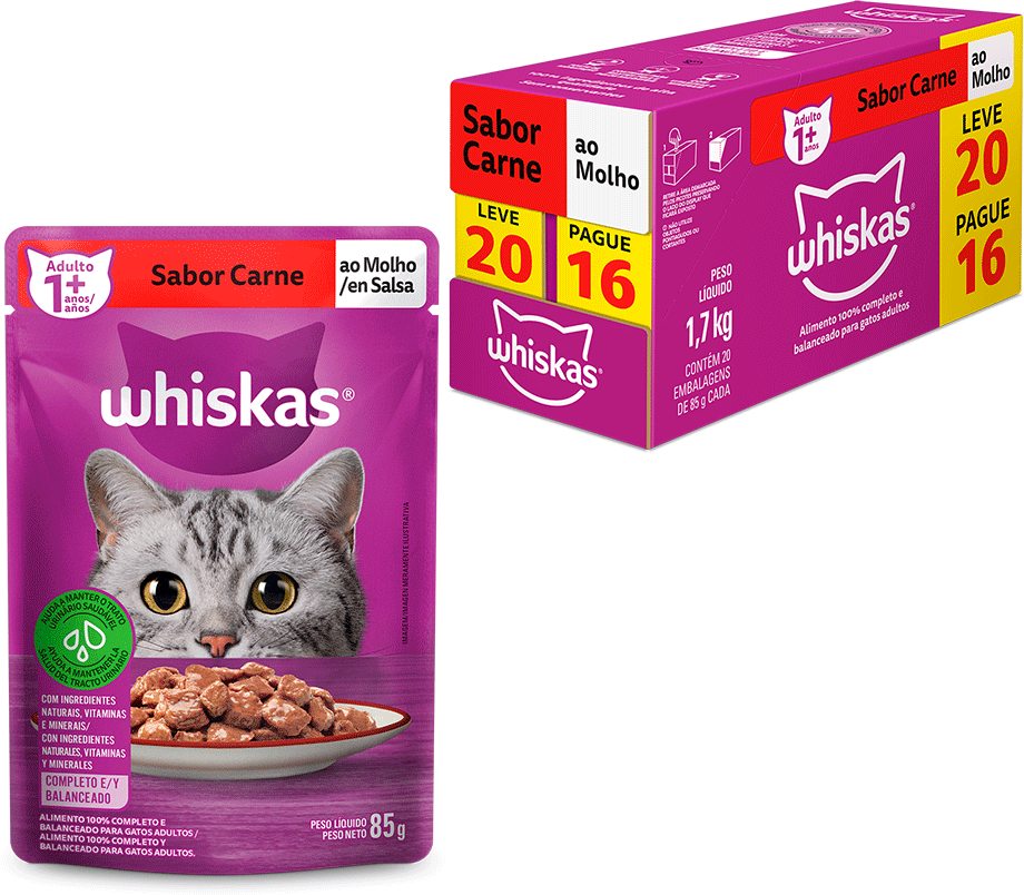 Kit Ração Úmida Whiskas Sachê Carne ao Molho para Gatos Adultos - Leve 20 Pague 16
