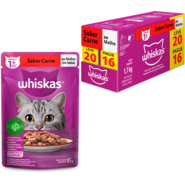 Kit Ração Úmida Whiskas Sachê Carne ao Molho para Gatos Adultos - Leve 20 Pague 16