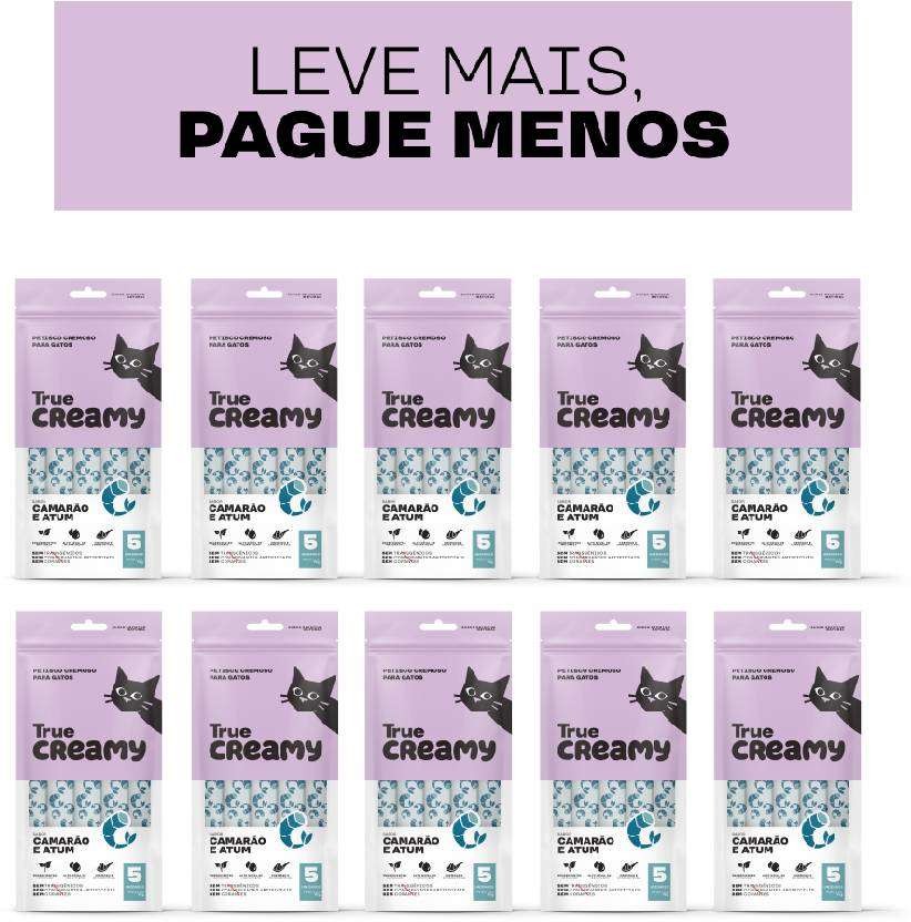 Petisco Cremoso True Creamy Sabor Camarão e Atum para Gatos - 10 pacotes (50 unidades)
