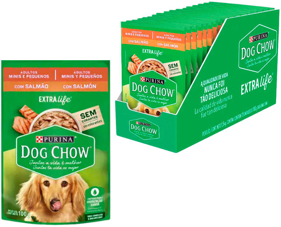 Kit Ração Úmida Nestlé Purina Dog Chow Sachê Salmão para Cães Adultos Raças Minis e Pequenas - 15 Unidades