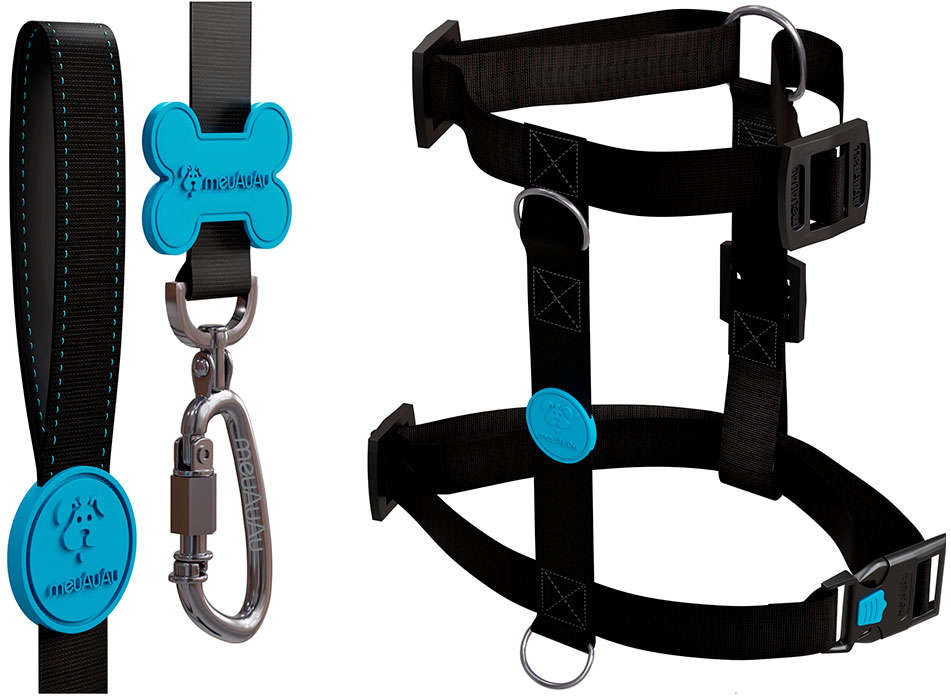 Conjunto Peitoral e Guia Neon Azul para Cães - Tam. P