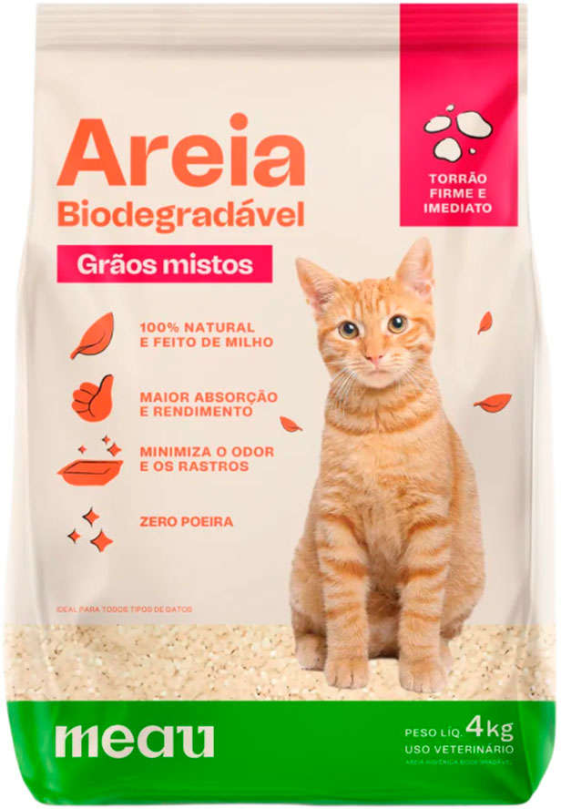 Areia Higiênica Meau Biodegradável Grãos Mistos para Gatos - 4Kg