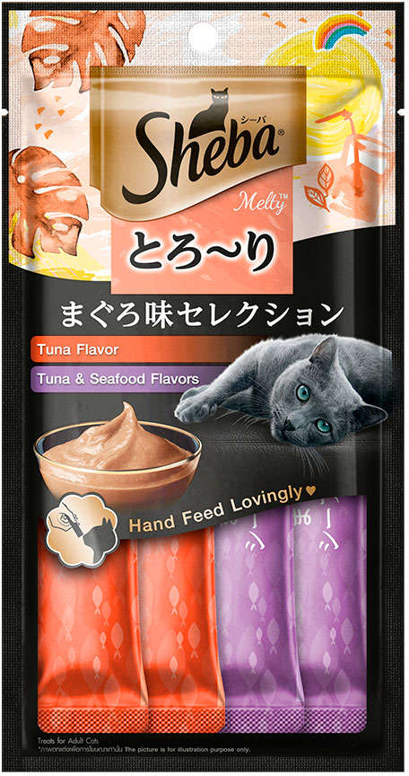Petisco Sheba Cremoso Sabores Atum e Atum & Camarão para Gatos Adultos - 1 Pacote (4 Unidades)