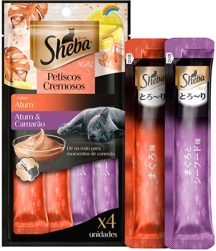 Petisco Sheba Cremoso Sabores Atum e Atum & Camarão para Gatos Adultos - 1 Pacote (4 Unidades)