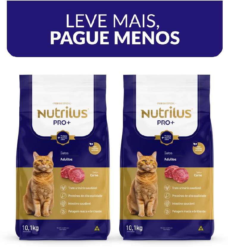 Kit Ração Nutrilus Pro+ Carne para Gatos Adultos - 10,1Kg (2 pacotes)