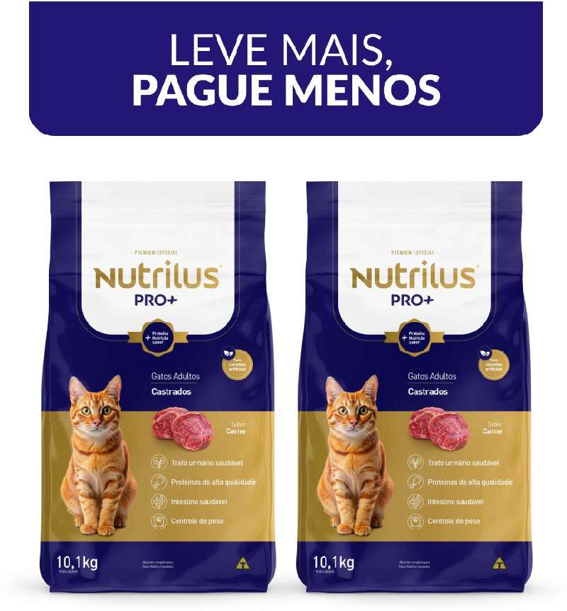 Kit Ração Nutrilus Pro+ Carne para Gatos Adultos Castrados - 20,2Kg (2 pacotes)