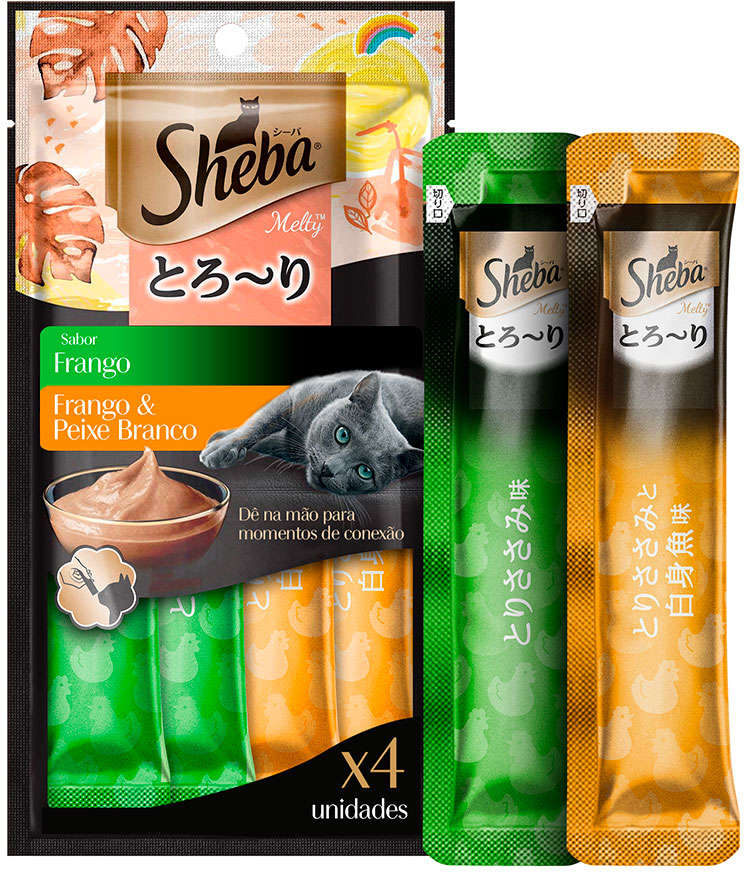 Petisco Sheba Cremoso Sabores Frango e Frango & Peixe Branco - 1 Pacote (4 Unidades)